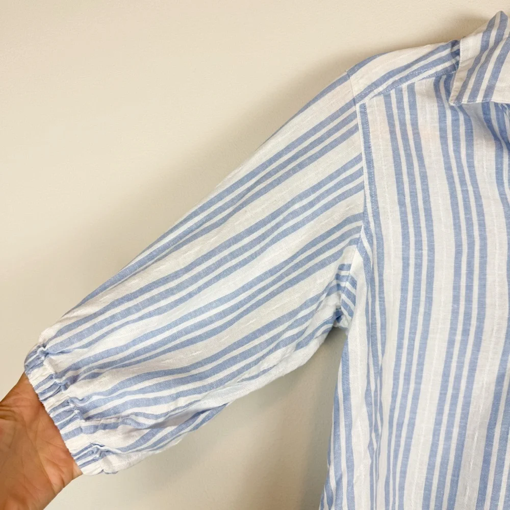Splendid Allison Popover Top Blue White Striped Linen Blend‎ 3/4 Sleeve Size XS